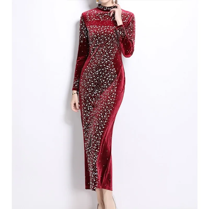 Sexy Bodycon Long Sleeve O Neck Glitter Sequin Rhinestone Velvet Dress Chic Elegant Vestidos Vintage Autumn Women Fashion Dress