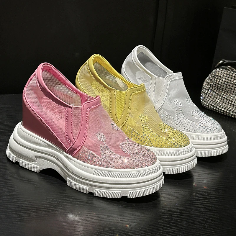 Krazing Pot Breathable Mesh Crystal Increase Wedges Super High Summer Shoes Slip On Loafers Casual Comfort Platform Women Pumps