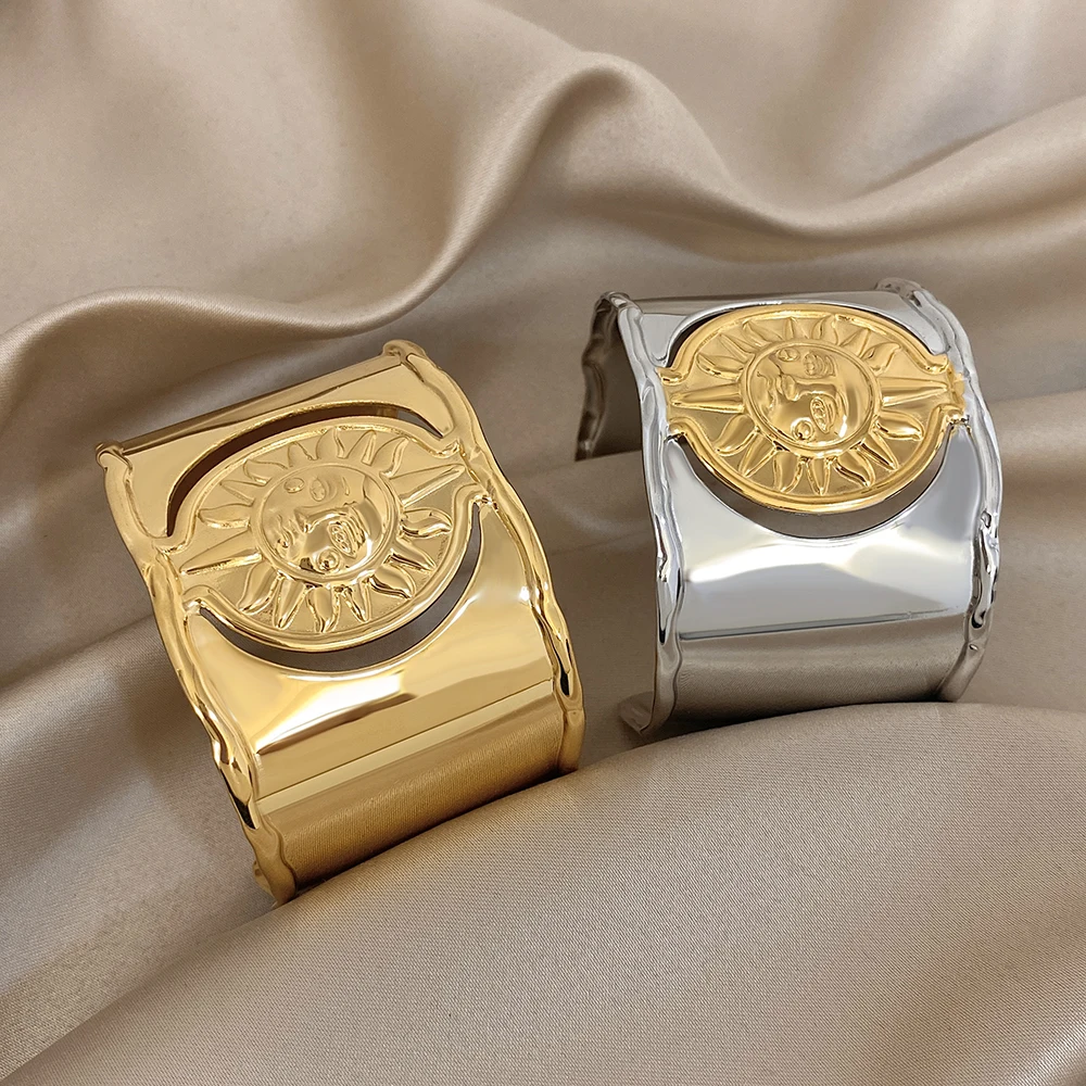 

Freetry Retro Stainless Steel Cuff Wide Bracelet For Women Exaggerated Face Sun Chunky Opening Bangle Party Waterproof Jewelry