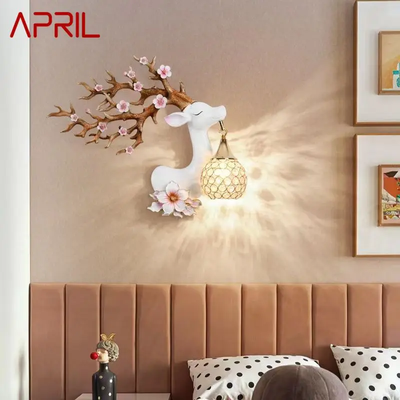 APRIL Contemporary Deer Wall Light LED Creative Plum Blossom Decor Resin Sconce Lamp for Home Living Room Bedroom Corridor