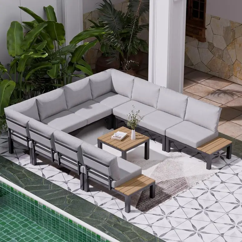 Aluminum Outdoor Patio Furniture Set, 8 Pieces Movable Backrest Modular Sectional Sofa Set, Metal Conversation Set, Customized