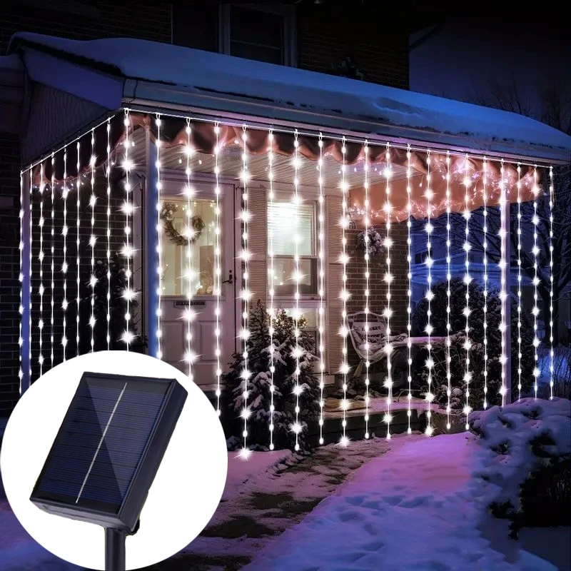 

1pc 8 Modes 3M/6M LED Solar Curtain String Fairy Lights,for Home Garden Porch Backyard Wedding Party Christmas Decorations natal