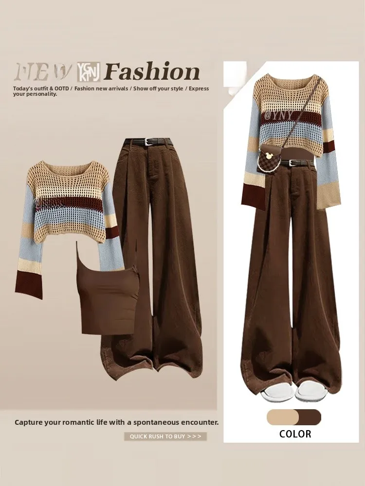 

Ранняя осень, женский модный комплект, жилет в полоску, джинсы, уличный комплект одежды, длинный свек, круглый вязаный топ