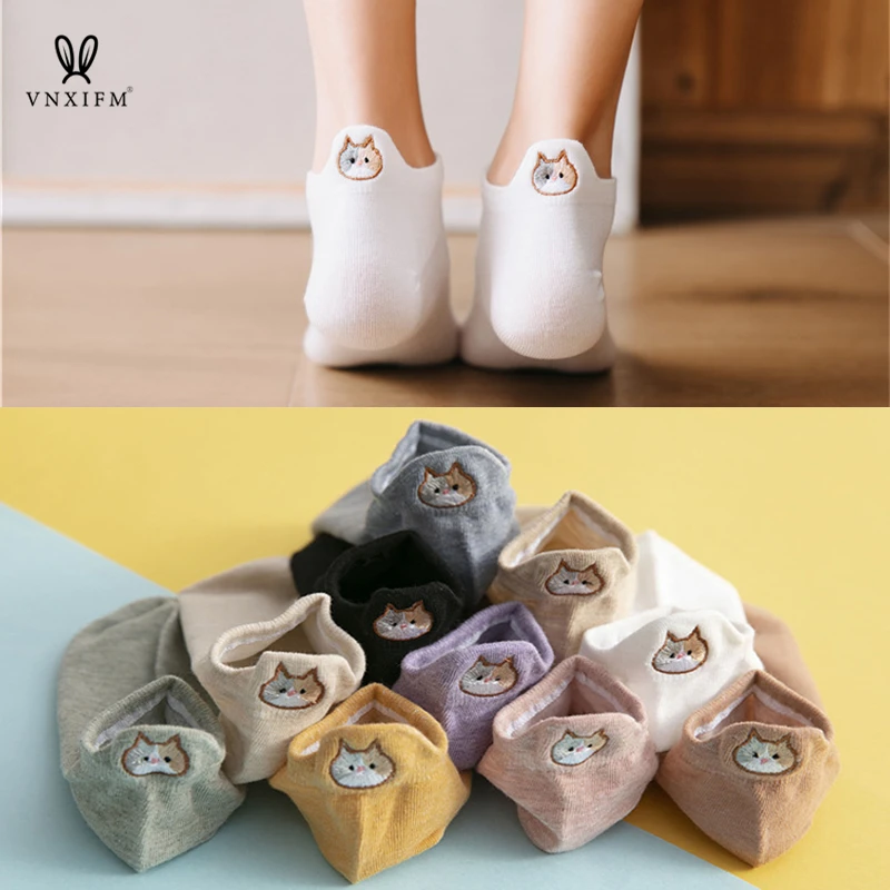 Fashion pure cotton cat women\'s socks new heel cartoon embroidered socks heel small ears three-dimensional leisure boat socks