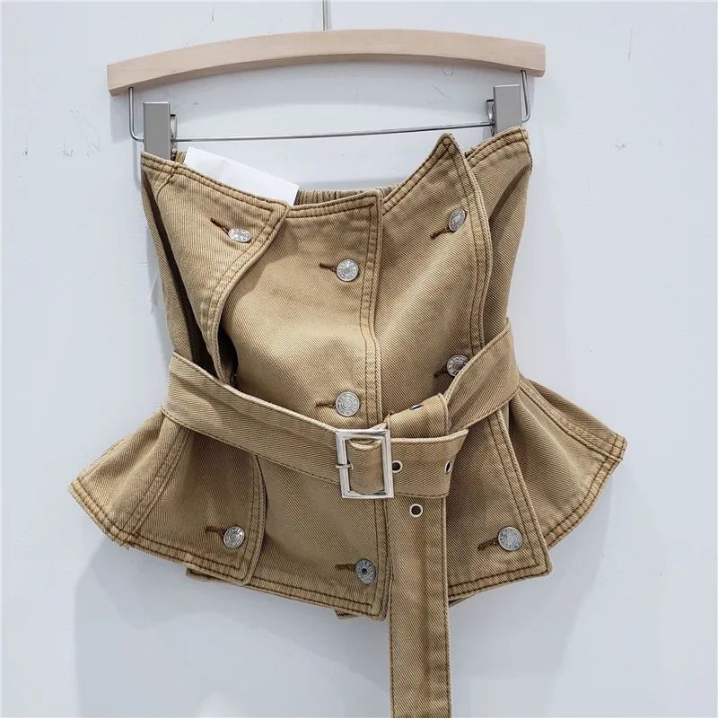 Pink Denim Tube Top Female 2024 Spring Summer New Patchwork Waist Sexy Strapless Vest Crop Top Women Korean Fashion Clothing