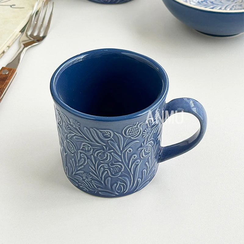 Green Relief Ceramic Cup 2026 New Household Underglaze Color Exquisite Handle Mugs Nordic Style Vintage Good-looking Coffee Cup