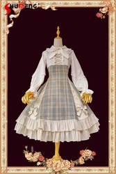 French Elegant Classical Lace Ruffles Plaid Sleeveless High Waist Slim Fit A-line Sweet Lolita JSK Sling Dress for Women Summer