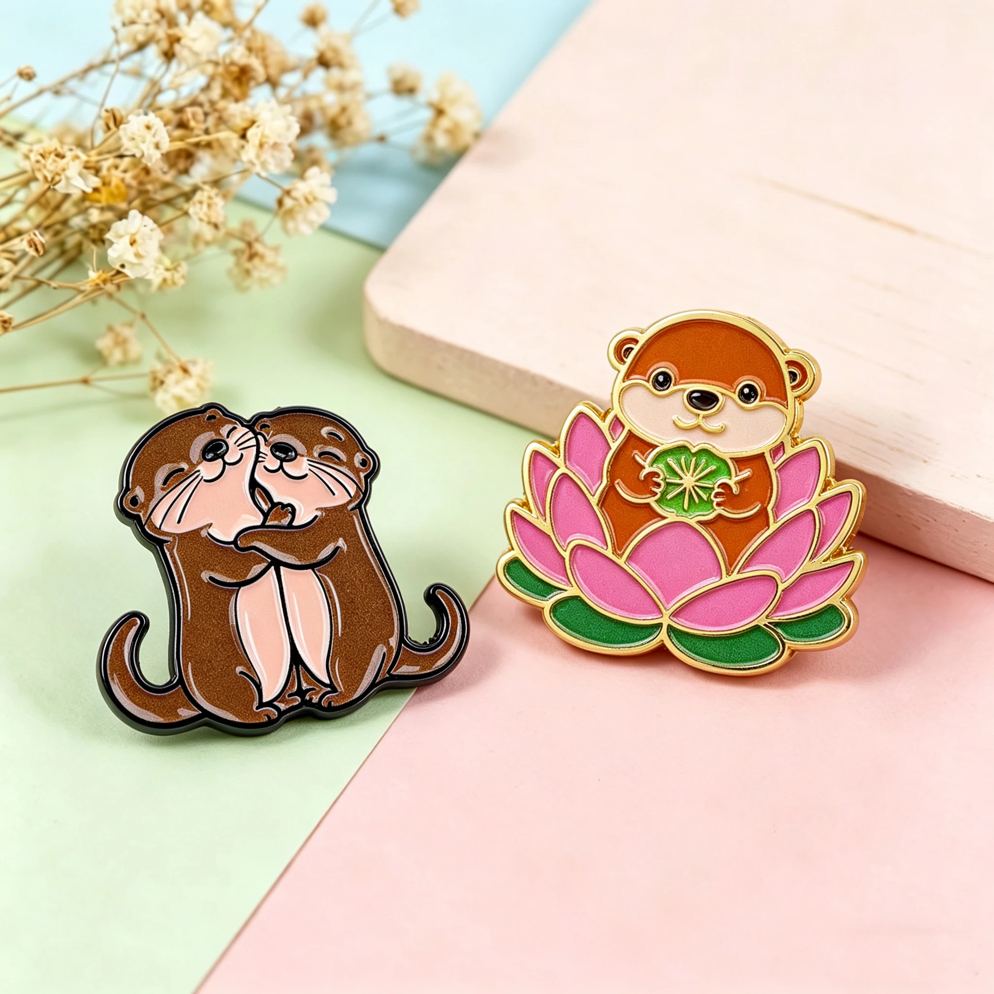 2 Stück/Set Niedliches Otter-Paar Emaille-Pin Cartoon Lotusblumen-Brosche Rucksack Tasche Kragen Revers Dekoration Schmuck Geschenke für Freunde