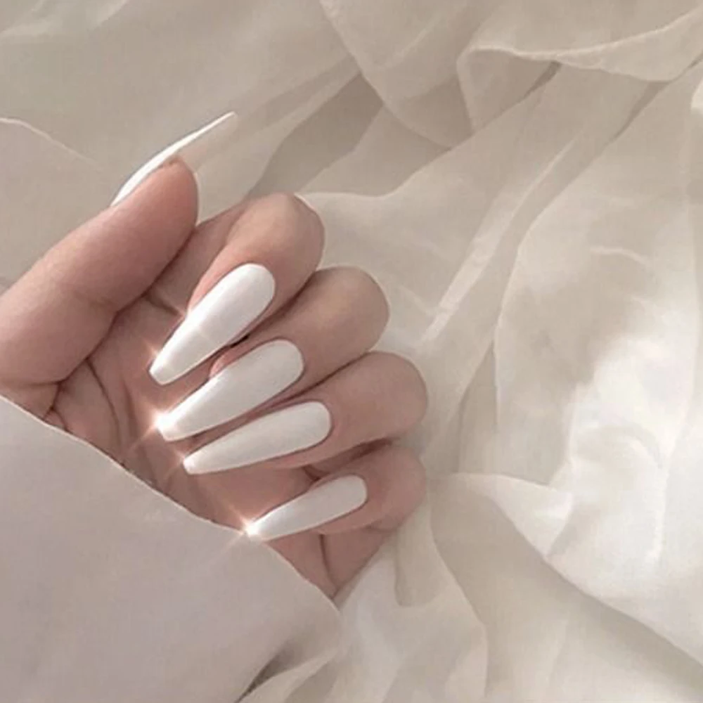 أظافر مزيفة براقة بلون سادة للنساء ، مانيكير ، باليه طويل ، قابل للفصل ، غطاء كامل ، أطراف أظافر بالضغط ، جديدة ، 24: 50 في الصندوق