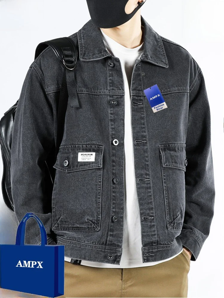 

Ampx Men's Jaet Loose Fit Casual Collar Denim Coat Spring 2025 Trendy Retro American Sle Cotton Polyester Blend Long Sve