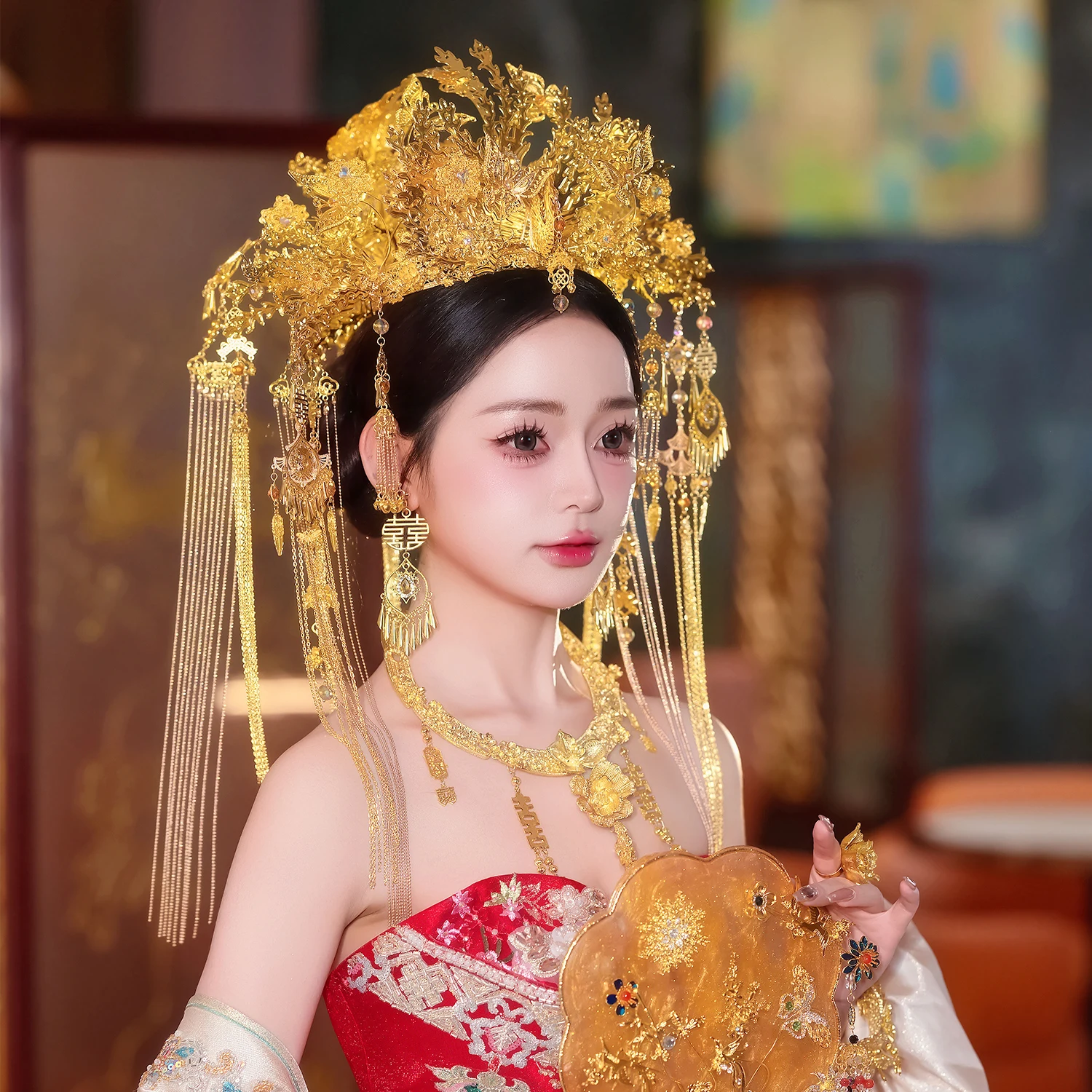 Fully Golden Phoenix Hair Crown Chinese Style Bride Wedding Headdress Luxury Tassel Ancient Costume Xiuhe Headpiece Jewelries