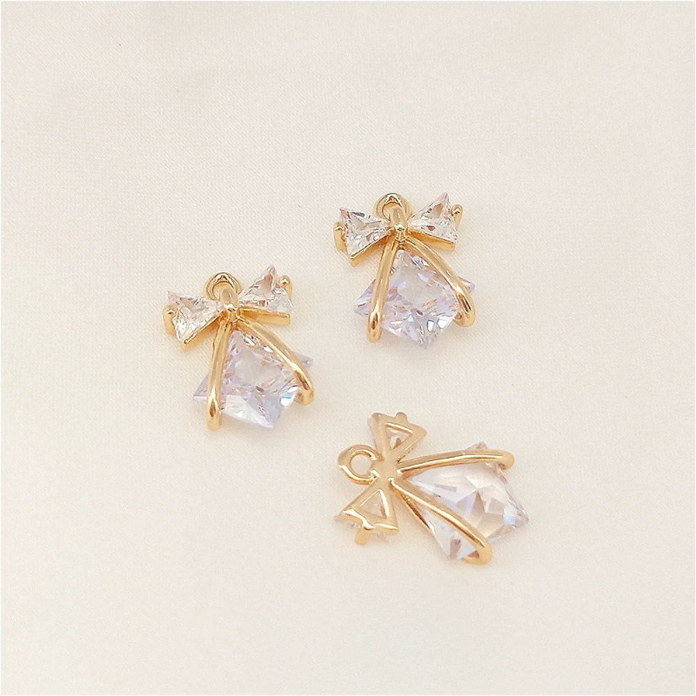 New 14K Copper-clad Gold Inlaid with Zircon Blocks, Exquisite Bow Pendant, Handmade DIY Necklace, Jewelry Accessory Material