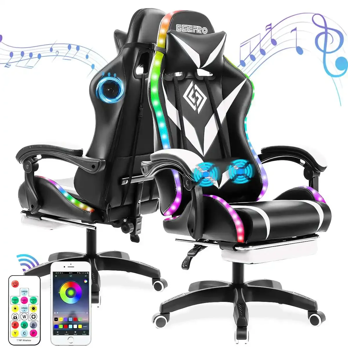 

135 Degrees Gaming Chair RGB Light Office Chair Bluetooth Speaker Gamer Computer Chair Ergonomic Swivel 2 Point Massage Recliner