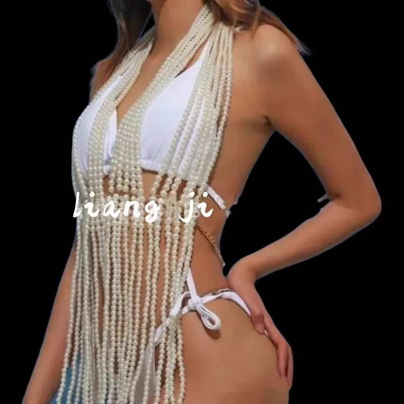 Women Body Chain Sexy​ ​Lingerie Bikini Handwork Pearl Tassels Chest Chain Night Club Hanging Neck Bra Chain Halter Body Jewelry