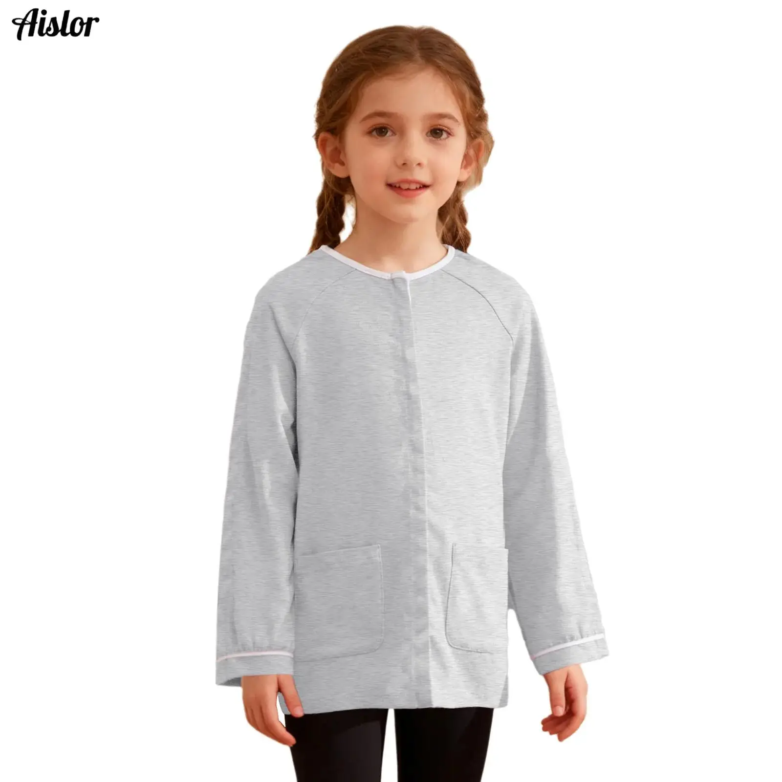 ملابس مناسبة للأطفال والأولاد والبنات ذات الاحتياجات الخاصة، زي ما بعد العملية الجراحية، أزرار ضغط مفتوحة بالكامل وأكمام طويلة مع جيوب