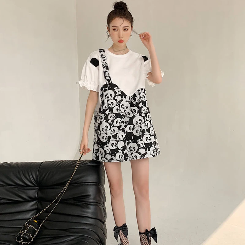 Fashion O-Neck Printed Spliced Fake Two Pieces Midi Dress Female Clothing 2024 Summer New Loose Butterfly Sleeve Casual Dress