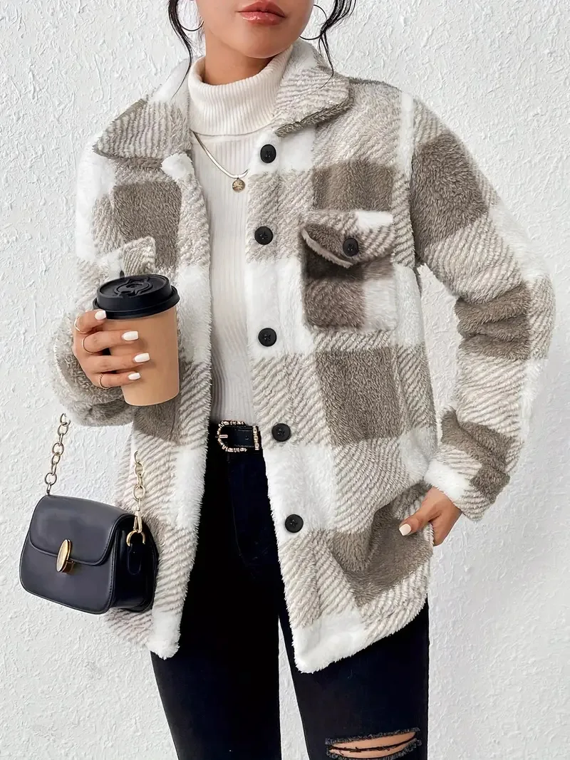 Europe and the United States autumn and winter open-button lapel plaid coat plaid pattern button front jacket warm