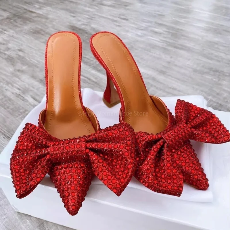 

Full Rhinestone Bow-Tie High Heel Slippers Women Stiletto Pointed Toe Water Diamond Bow Sandals Fashion Hoof Heels Size 43