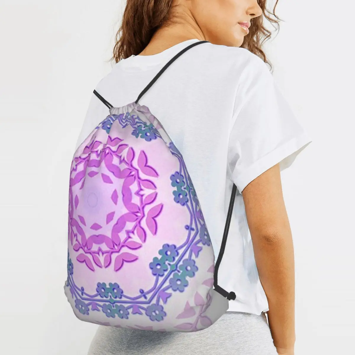 Serene Lavender And Blue Mandala Backpacks Multi-function Drawstring Bags Shoes Bag Book Bags for Travel School