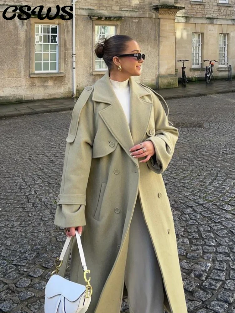 سترة نسائية مرقعة بشراشيب وحزام وجيب مزدوج الصدر معطف نسائي لخريف وشتاء 2024 بأكمام كاملة على شكل حرف A ملابس خارجية دافئة للسيدات