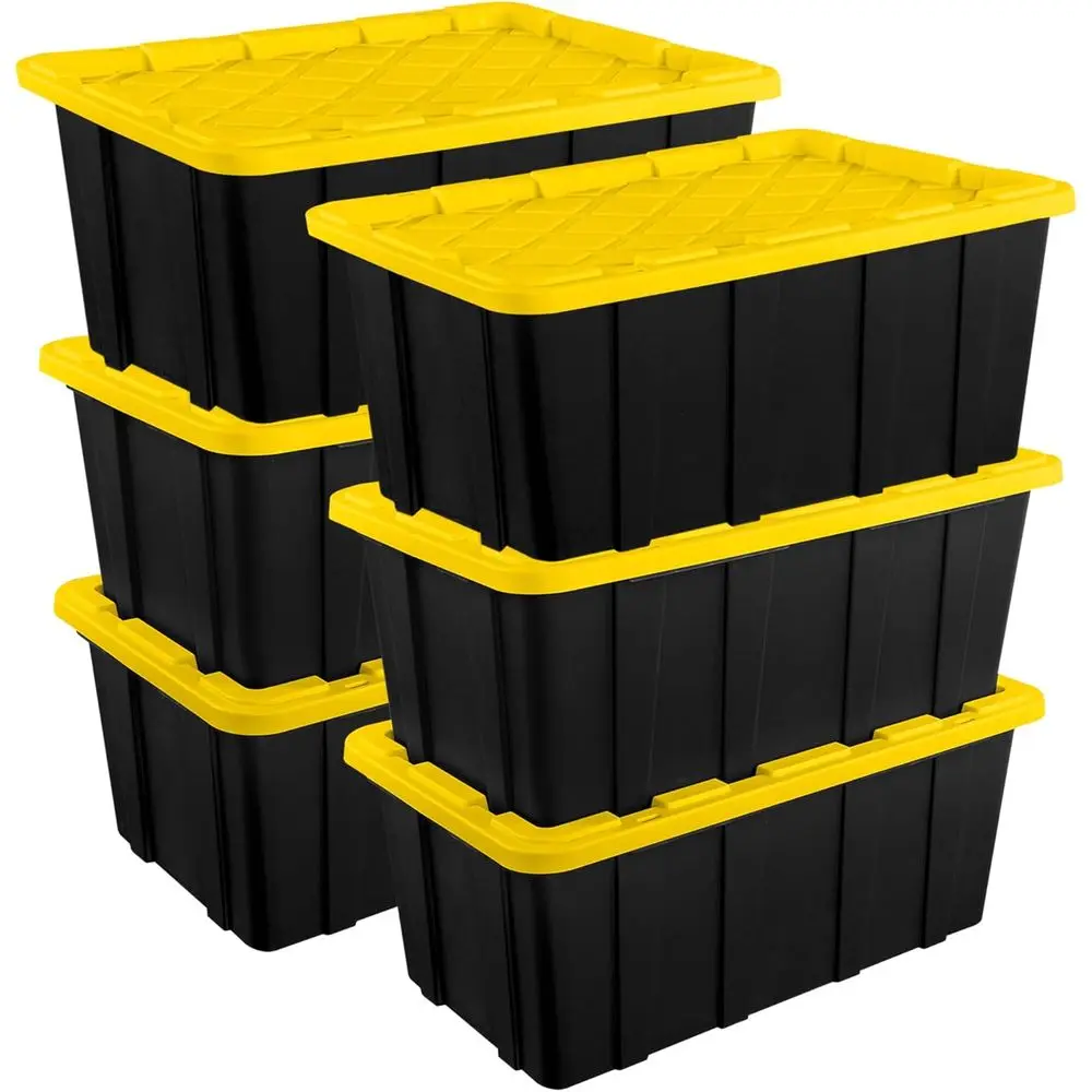 

6-Pack Industrial Plastic Storage Bins with Lids, 27 Gallon Heavy Duty Stackable Tote Container for Closet Bathroom Office