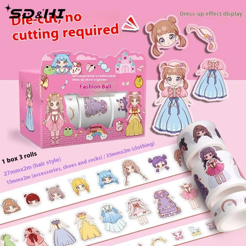 Cute Princess Dress Up Waterproof Sticker Girl Cartoon Washi Tape Set Cute Children's Handbook Character Decoration Sticker