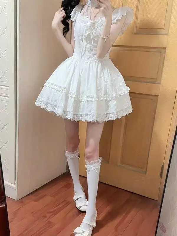 Fairycore Sweet Lolita Mini Dress Women Lace Trim Bowknot Puff Sleeve Ruffle Tiered Skirt High Waist Princess Cute Daily Wear