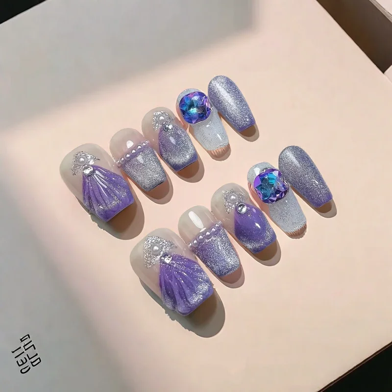 

10Pcs Mermaid Press-On Purple Nails Short Coffin Handmade Nails with French Tips Decorated with Pearls&Diamond for Summer Events