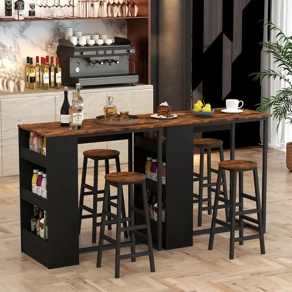 

3-Piece Bar Table Set, 36" Counter Height Breakfast Table with 3 Storage Shelves & 2 Round Stools, Rectangular Kitchen Table Set