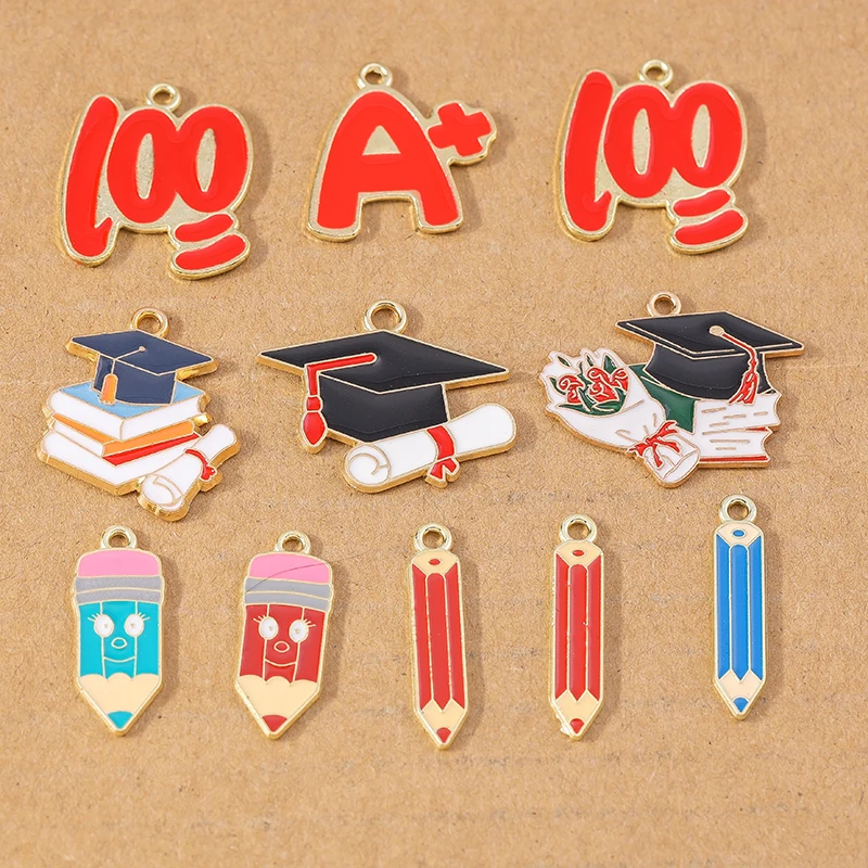 10 Pcs Enamel Pencil Mortarboard Pendants Charms for Jewelry Making Necklace Earrings Bracelet DIY Graduation Accessories