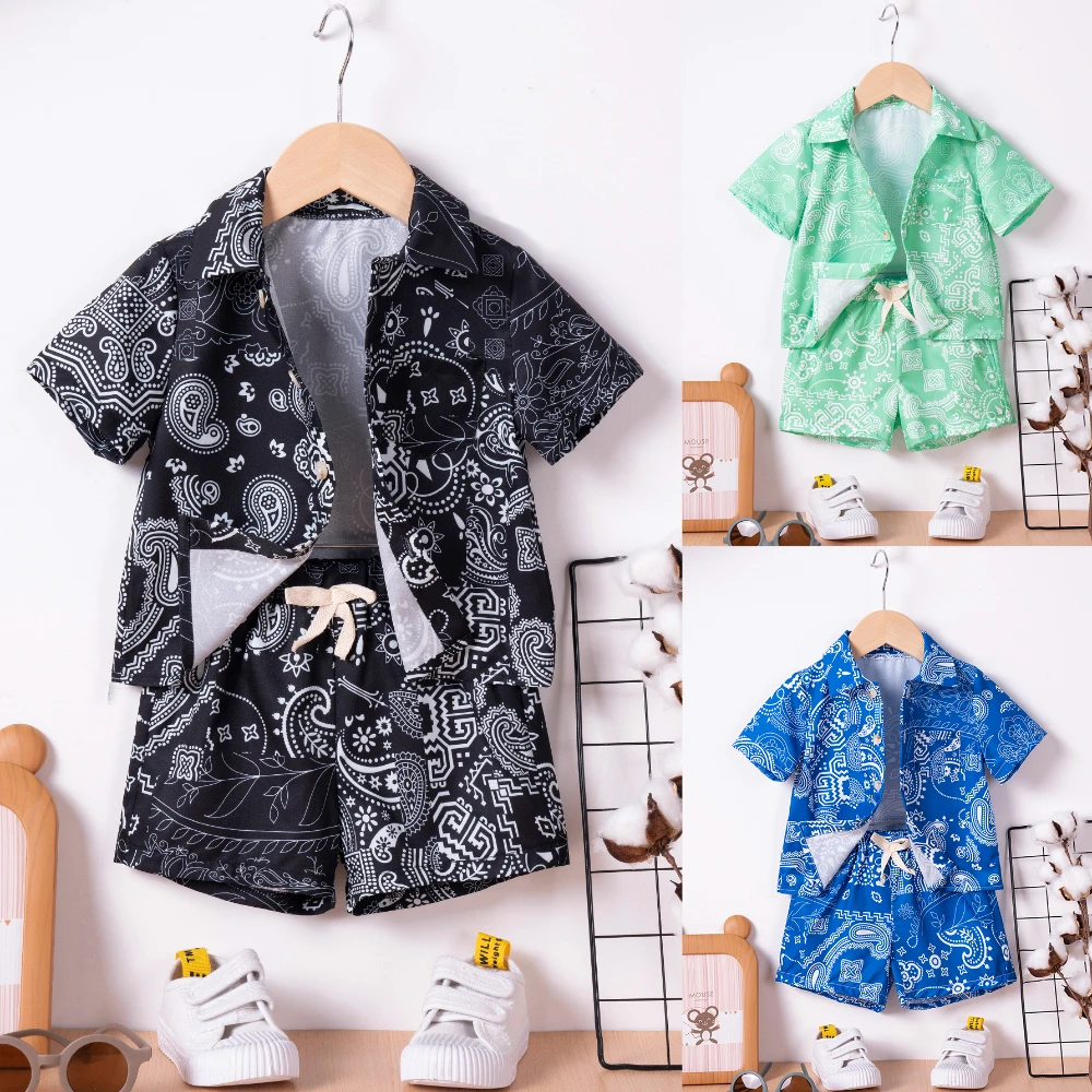 Summer Boy's Suit Full Printing Children's Shirt Two-piece Single-breasted Lapel Short-sleeved Top + Shorts Soft and Breathable