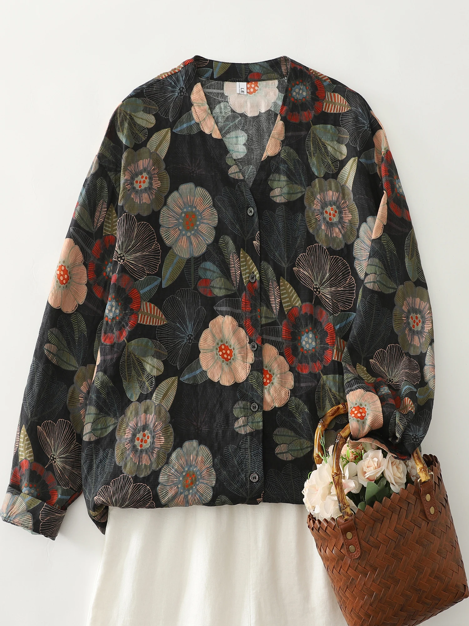 Retro floral aquarela algodão linho casual v-ne tamanho grande irt anti-envelhecimento nova chegada outono 2025 senhoras faion irt