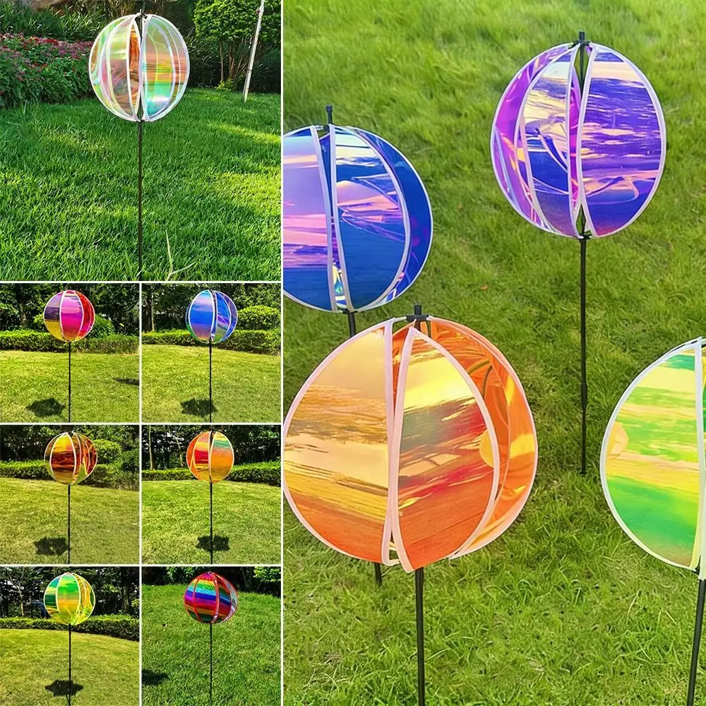 Glitter Stripe Windmill Colorful Film Durable Plastic Rotating Sphere With Stakes Rainbow Effect Reflective Pinwheels Patio Farm