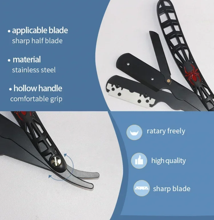 ماكينة حلاقة احترافية قابلة للطي من الفولاذ المقاوم للصدأ، مقبض مقطوع على شكل عنكبوت وسيم مع ملحقات حلاقة بشفرة