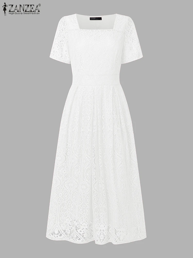 

ZANZEA Women Lace Maxi Dress 2025 Summer Office Sundress Fashion Square Neck Solid Elegant Vestidos Casual Short Sleeve Robe