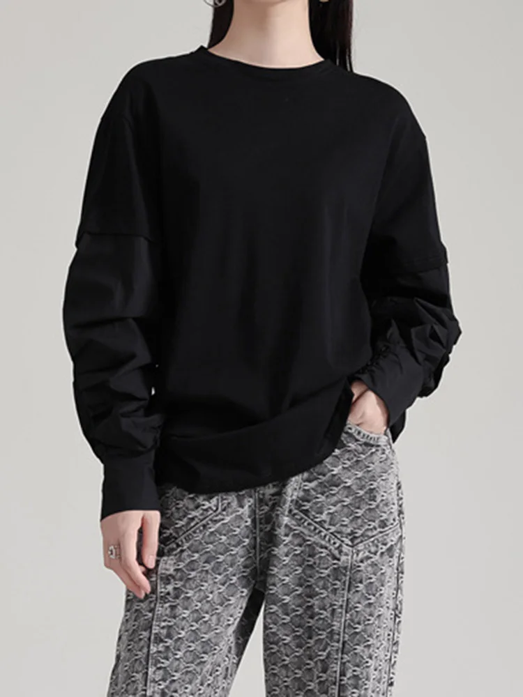[EAM] Loose Fit Black Color-block Sweatshirt New Round Neck Long Sleeve Women Big Size Fashion Tide Spring Autumn 2024  1DH1628