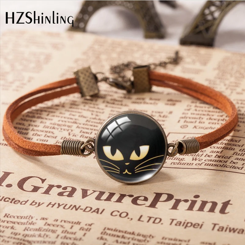 2023 New Cartoon Big Eyes Black Cat Pattern Leather Bracelet Art Accessories Glass Cabochon Fashion Jewelry Gift