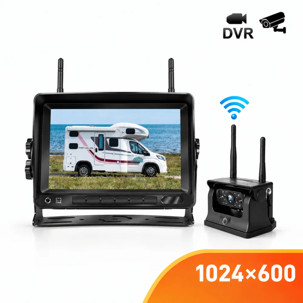 For RV Truck 7 Inch AHD Solar Powered Magnetic Wireless Dual Antenna Dash Cam Display 720P Reversing Rearview Camera WiFi Camera