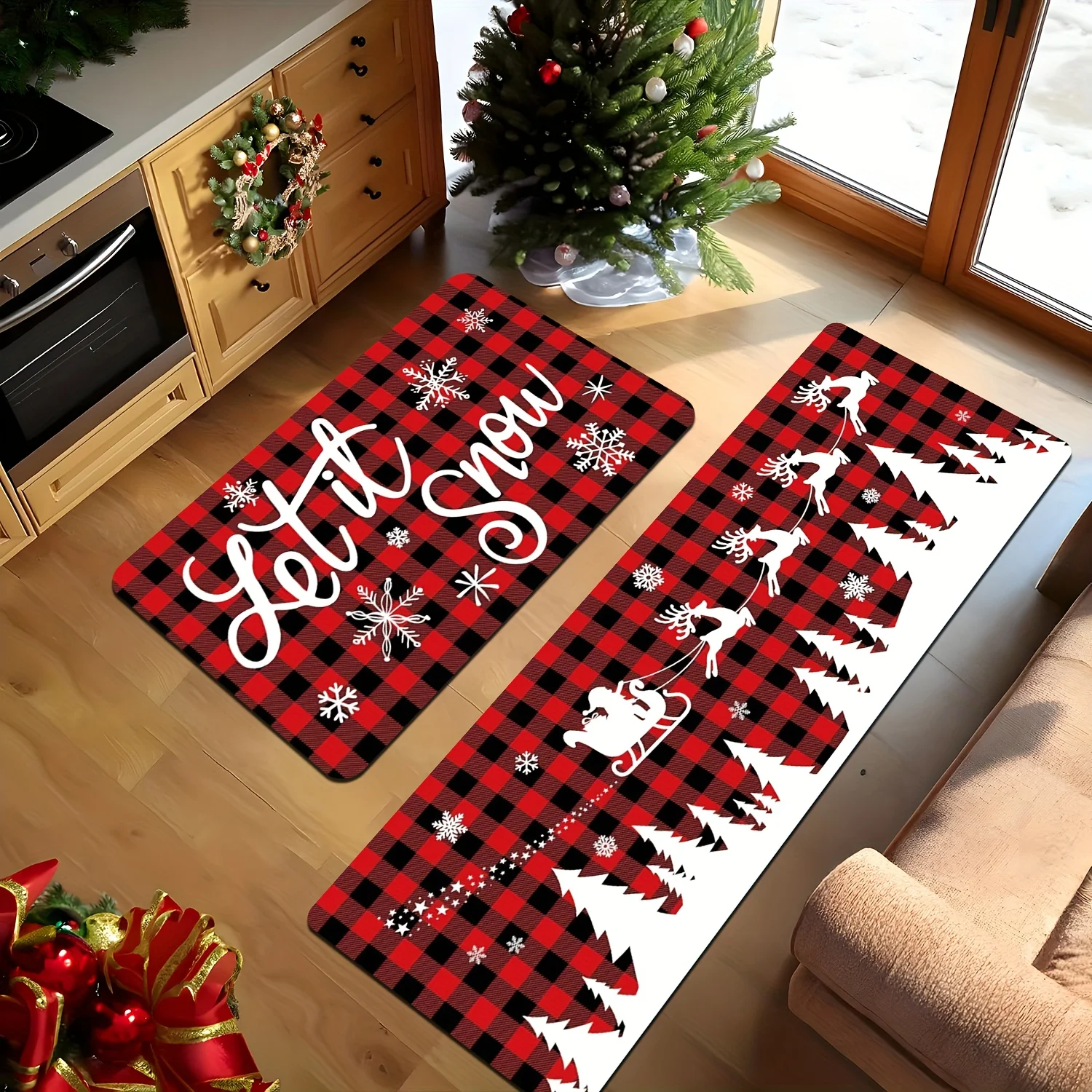Christmas Jingle Bell Kitchen Mat 2PC, 2D Flat Golden Winter Snowflake Area Rugs, Non-Slip Floor Mat for Front Door Mat