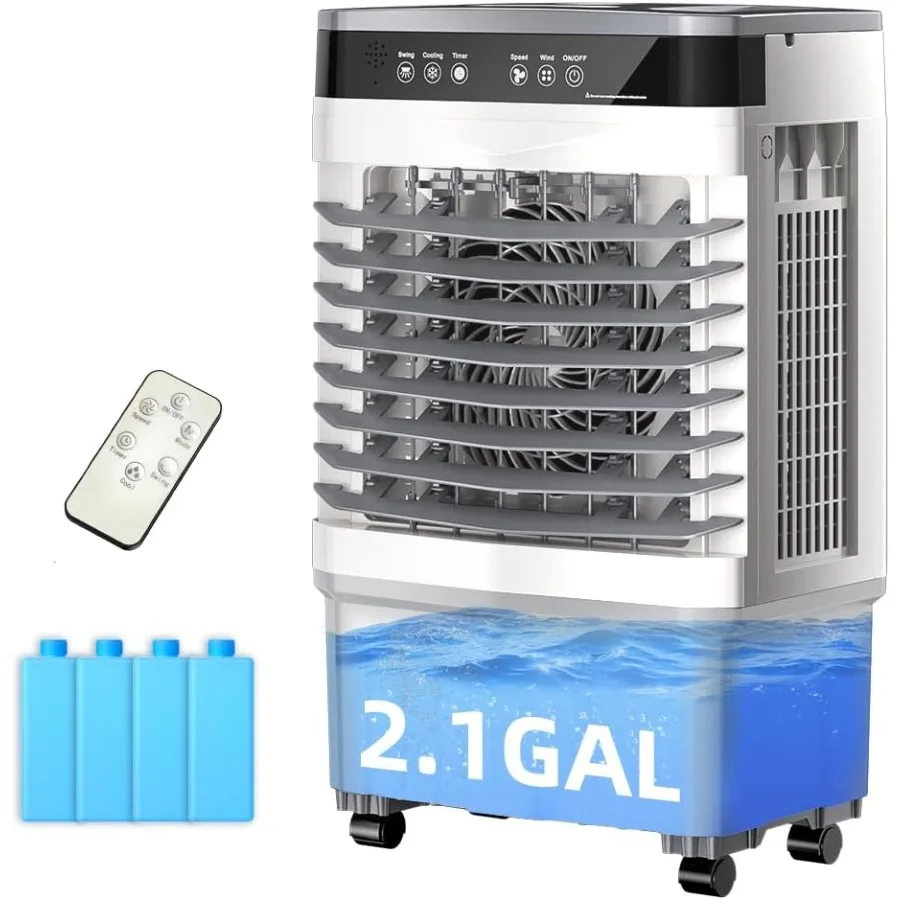 

Портативный кондиционер с резервуаром для воды на 2,1 галлона для эффективного охлаждения спален, гаражей и патио, 12-часовой таймер 15003000 CFM Ev