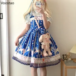 Japanese Sweet Lolita Jsk Dress Women Vintage Cute Sugar Horse Print Bow Party Dresses Girls Kawaii Blue Sleeveless Mini Dress