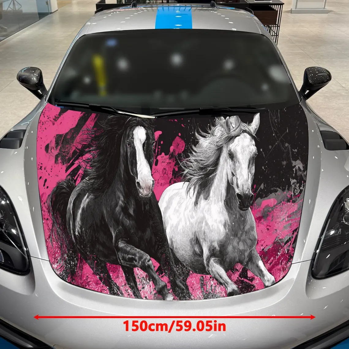 Pink & Black Galloping Horses Frenzy Car Vinyl Wrap, PVC Material Waterproof Car Hood Sticker, Self-Adhesive Scratch-Resistant S