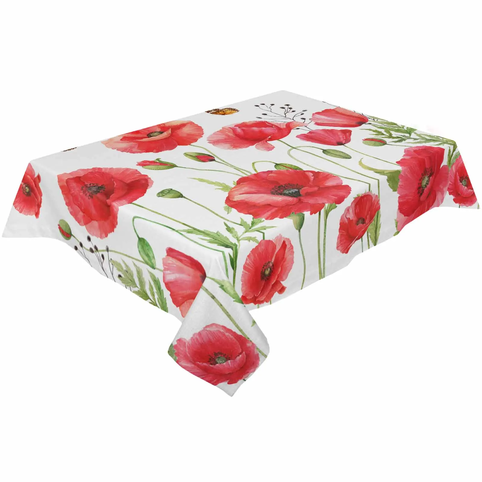 Red Retro Watercolor Poppy Flower Waterproof Tablecloth For Table Kitchen Decorative Coffee Cuisine Party Table Cover