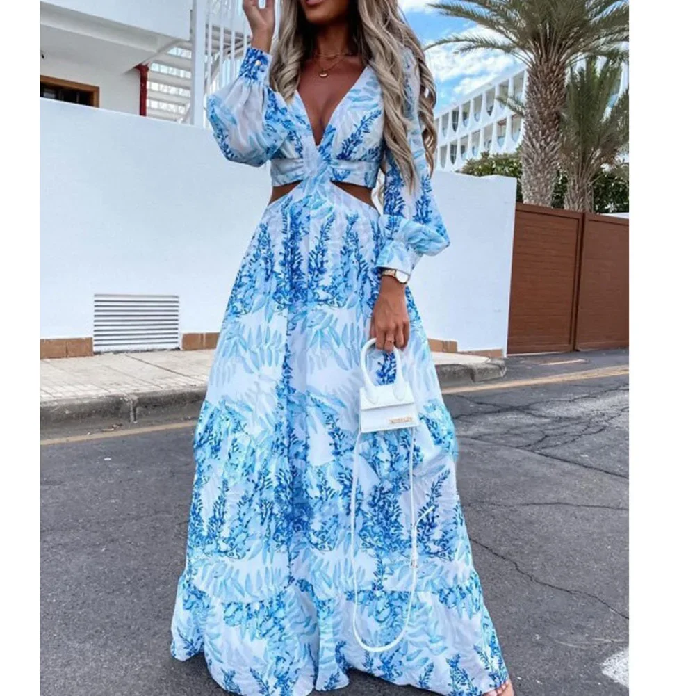 

Women Tunic Beach Cover Up Dress 2025 Summer V-Neck Backless Hollow Out Lantern Sleeve Long Dresses Female Club Party Maxi Dress