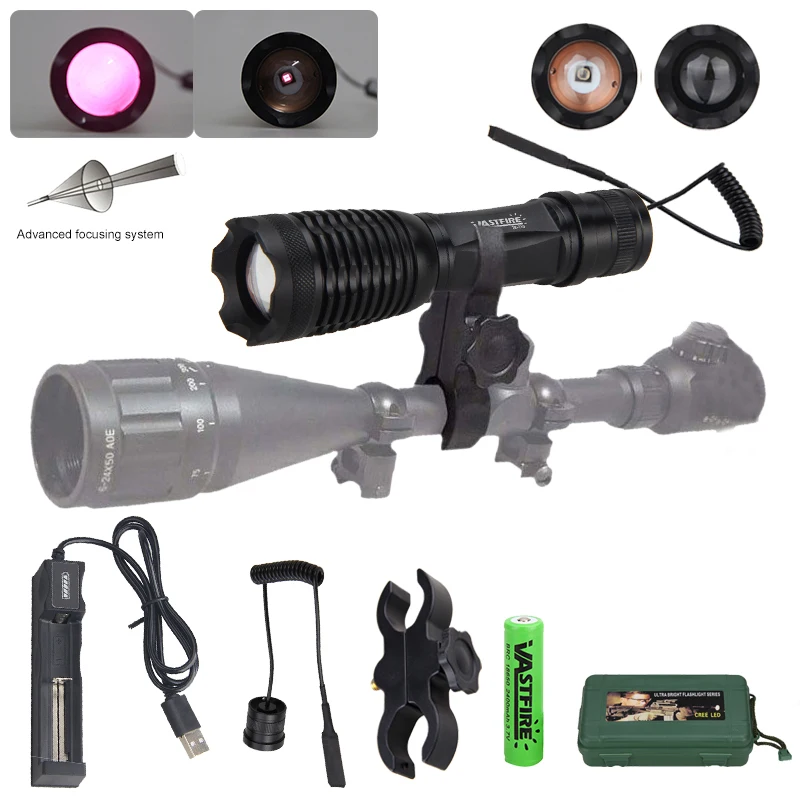 IR-710 Hunting Flashlight 7W Infrared Radiation IR 850nm Torch Night Vision Zoomable Focus Lantern+18650+Charger+Switch+Mount