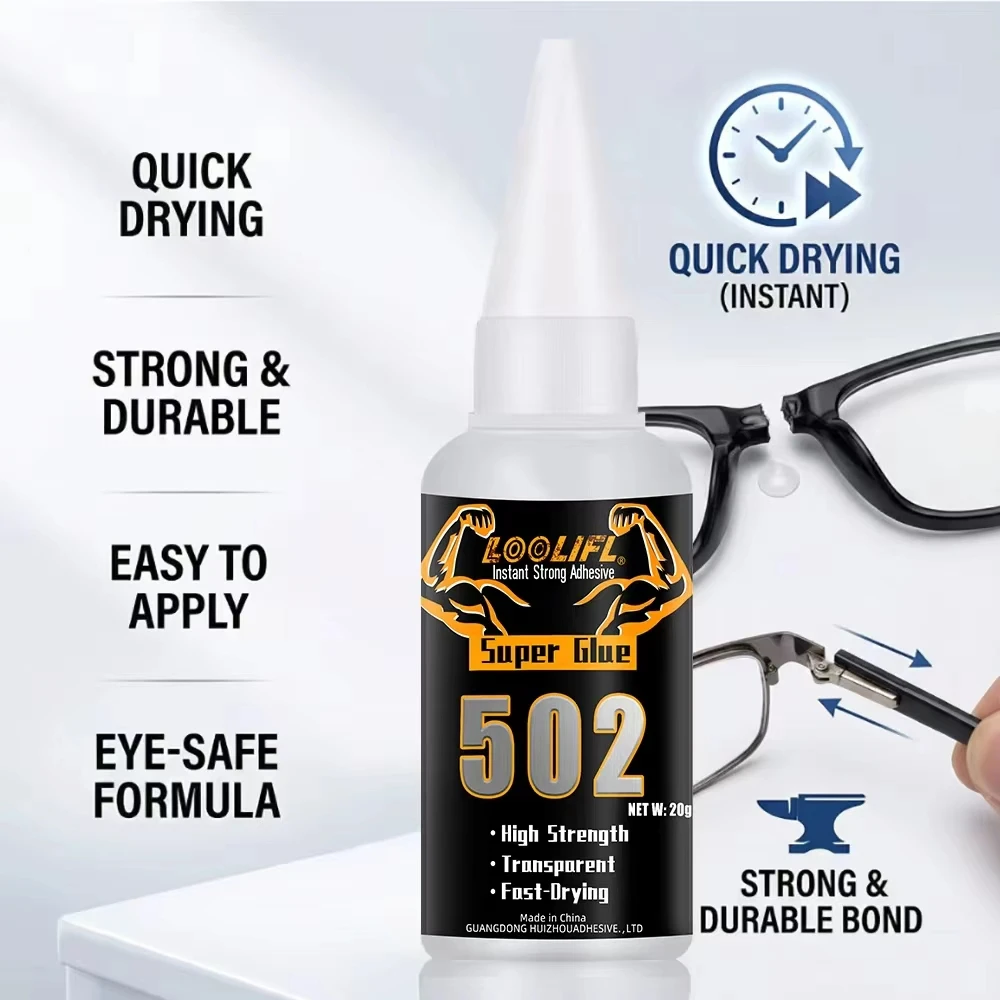 LOOLIFL-502 super glue, a multi-functional, strong, fast-drying adhesive suitable for various materials such as footwear, ceramics, plastics, wood, and metal. It is transparent and waterproof, used as welding glue, craft glue, rhinestone glue, woodworking glue, shoe glue, metal glue, leather glue, PVC glue, ceramic glue, and is ideal for art sewing supplies and handmade tools. Comes with a dropper for precise dispensing view 2
