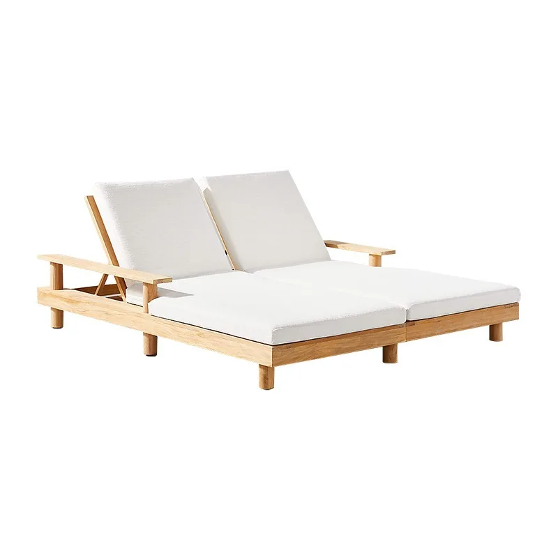 Double Teak Chaise Lounge Outdoor 2 Person Sun Bathing Bed All Weather Solid Wood Daybed for Commercial Use Patio Furniture