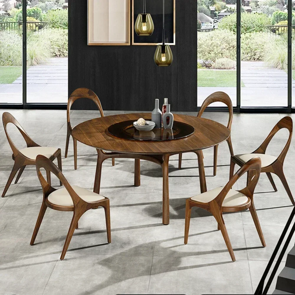 TAO Black Walnut Wood Table Solid Wood Large round Table Light Luxury Household Dining Table with Turntable
