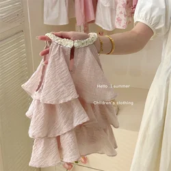 Girls Casual Dresses Summer New Children Clothing Sweet Vest Baby Cake 2024 Round Collar Fashion Soild Sweet Pink