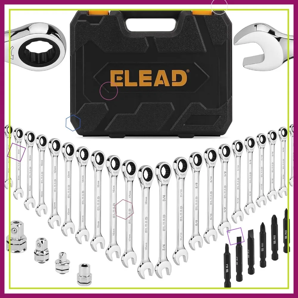 

33-Piece Ratchet Wrench Set with SAE & Metric Sizes, 72-Tooth Gear, CR-V Steel, and Carry Case for Mechanics